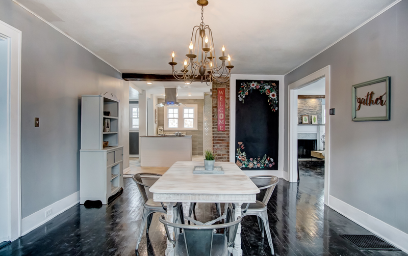 Open kitchen concept into dining room, custom chalkboard wall, temporary chalk paint flowers